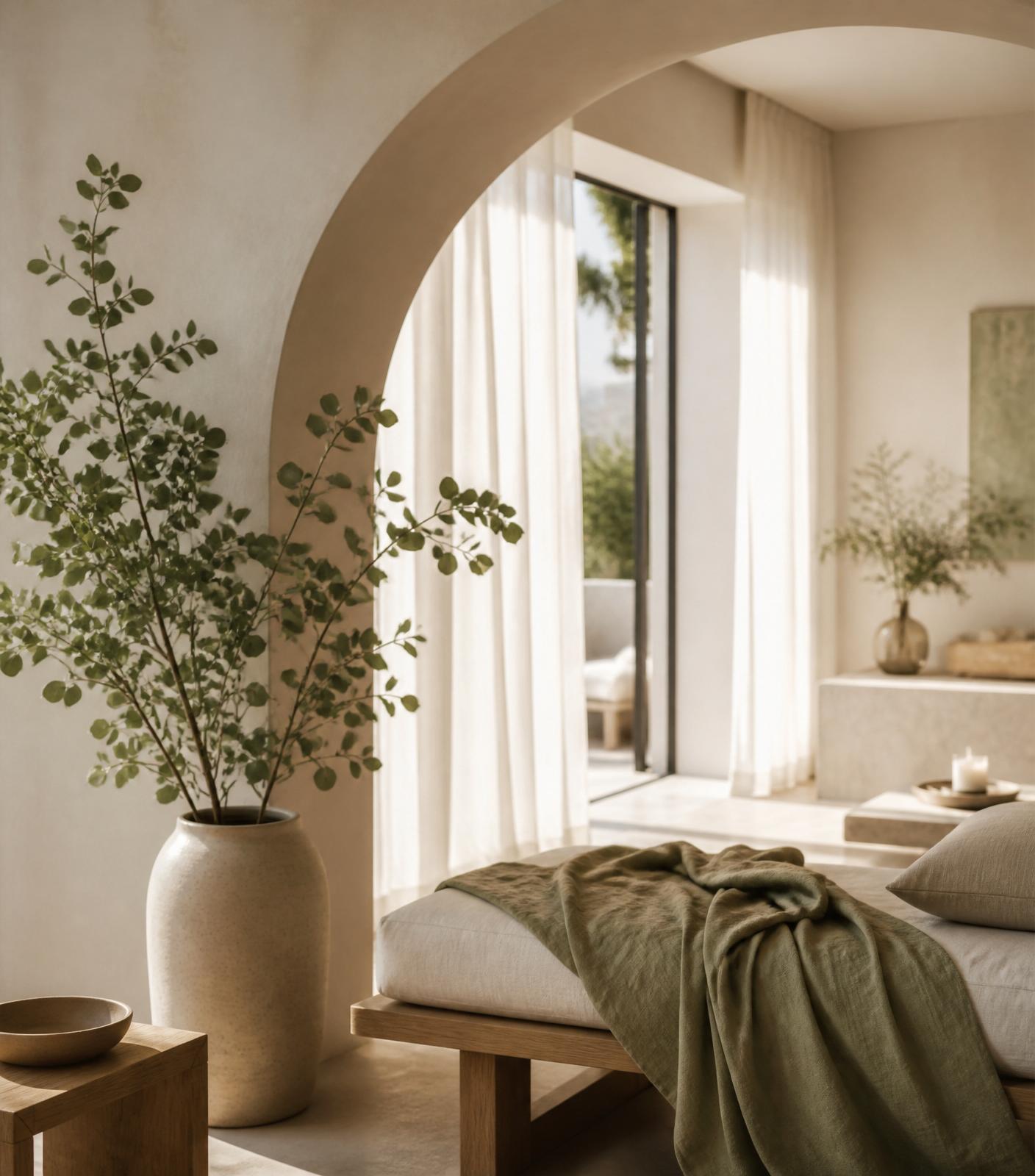 Serene retreat interior with soft light and eucalyptus